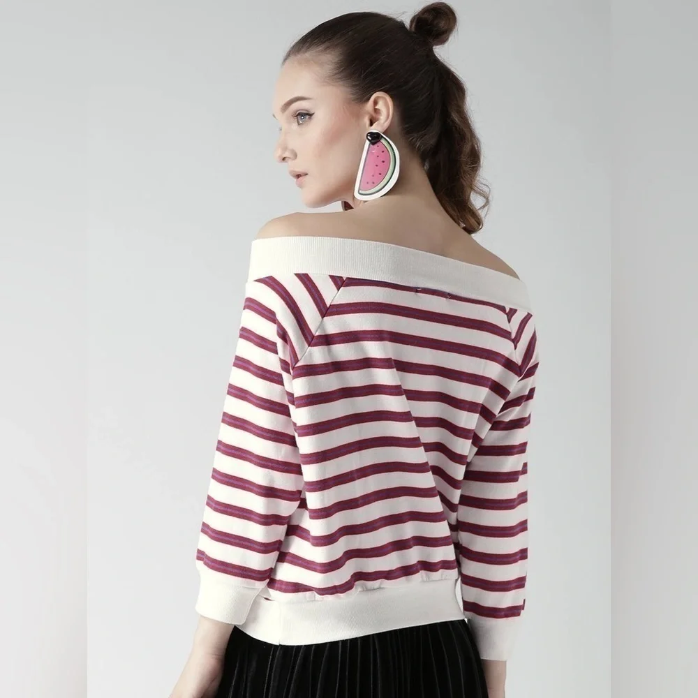FOREVER 21 Women White & Red Striped Sweatshirt size 0X - Picture 3 of 7